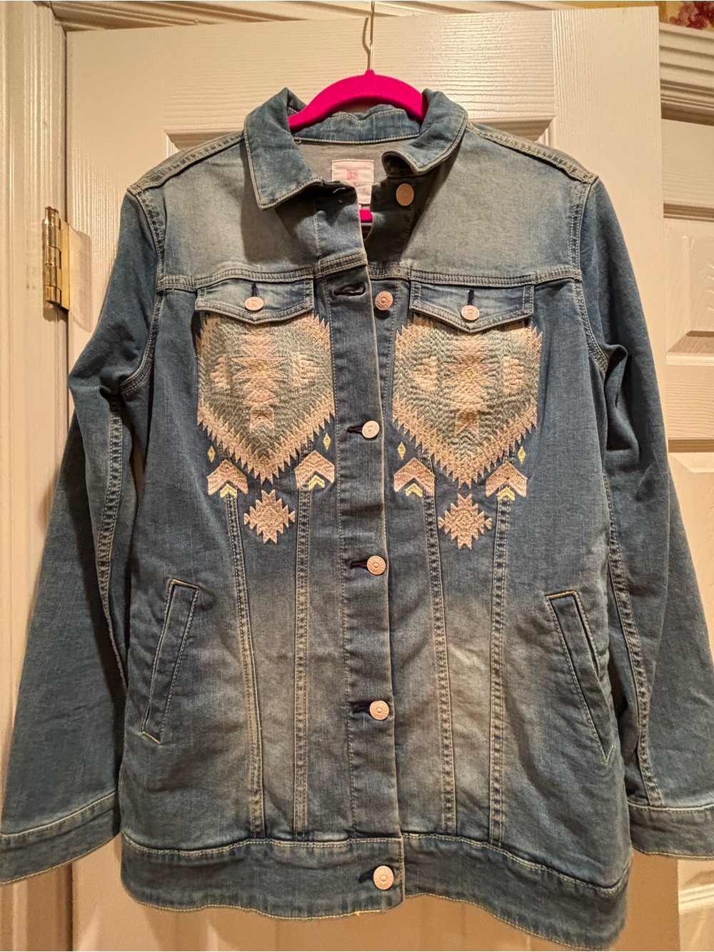 LuLaRoe Light Blue Denim Jacket with Geometric Embroidery